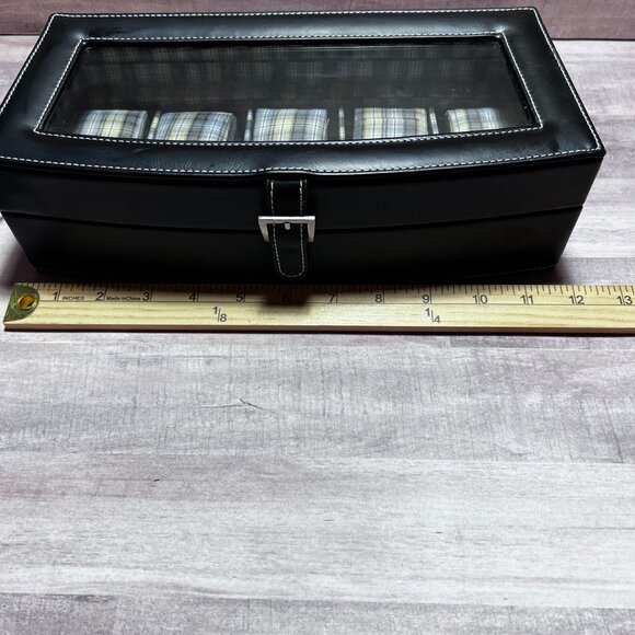 Drexel Heritage Mens Plaid Black Leatherette 5 Slot Watch Jewelry Organizer Box - Picture 9 of 10